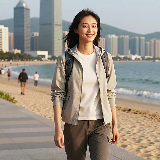 Photograph of an Asian woman with long black hair, wearing a gray jacket and white shirt, smiling on a beach with skyscrapers in the background