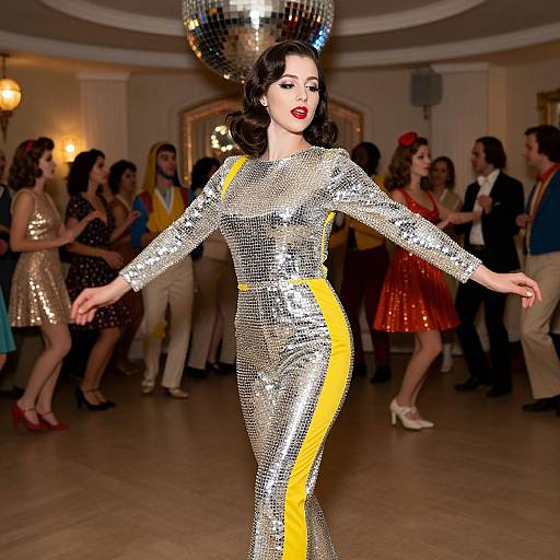 Photograph of a fair-skinned woman with dark wavy hair, wearing a silver sequin dress with a yellow stripe, dancing in a dimly