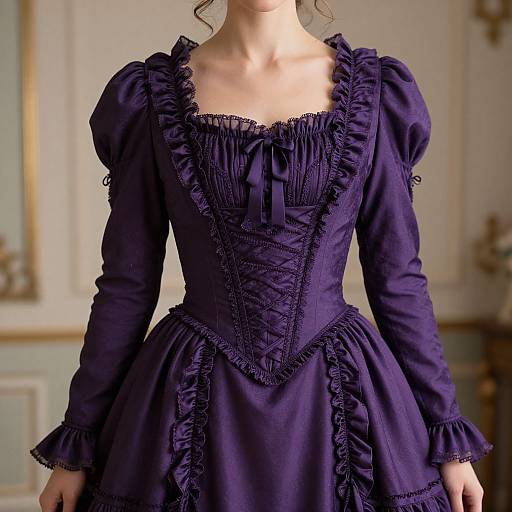 Photograph of a woman in a Victorian-style, deep purple, frilled, long-sleeve dress with a corseted bodice and ribbon