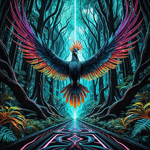 Iridescent Phoenix in Neon Rainforest