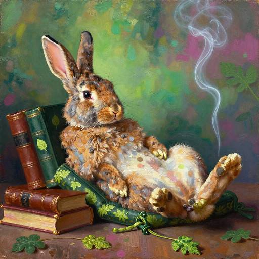 Digital painting of a fluffy, brown and white bunny smoking a small pipe, lounging on green velvet with old books and clover leaves, against a