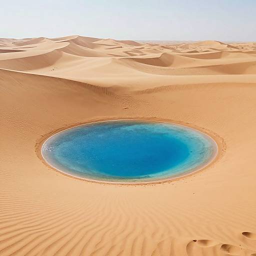 Photograph of a vibrant blue oases set in a vast, rippled, sandy desert with golden hues and clear, bright sky above.