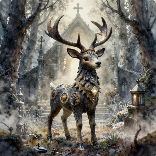 Digital fantasy artwork of a majestic, ornate deer with large antlers standing in a mystical, foggy forest clearing with an ancient Gothic church in the