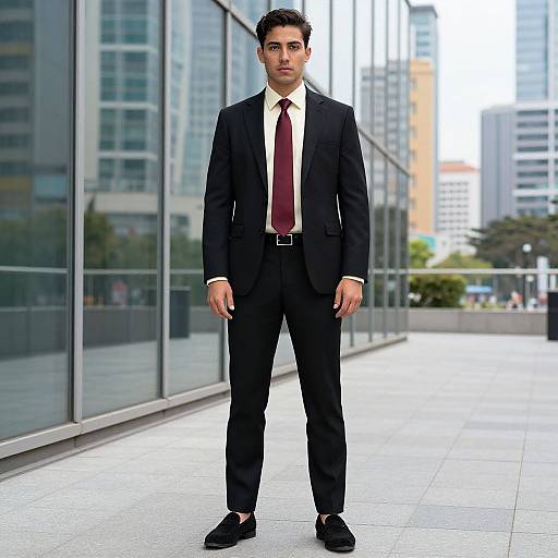 Photograph of a serious, dark-haired man in a black suit, white shirt, and maroon tie, standing in a modern, glass-walled