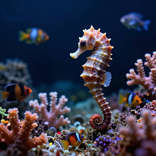 Vibrant photograph of a orange-and-white seahorse among colorful coral reefs, with orange and black clownfish in the background.