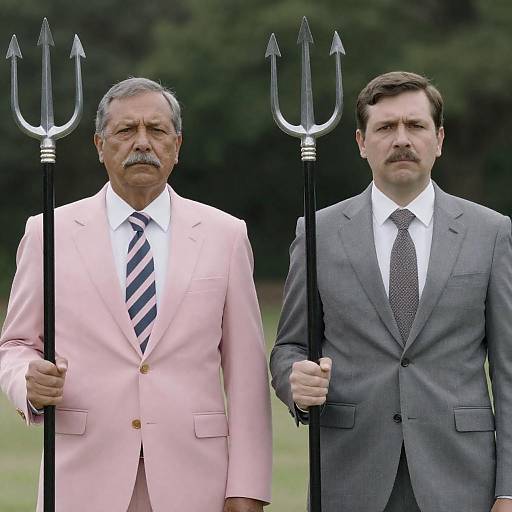Two men in suits holding tridents outdoors