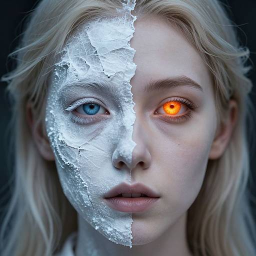 Photograph of a pale-skinned blonde woman with cracked, split face: left side blue-eyed, white cracked texture; right side orange-eyed, normal