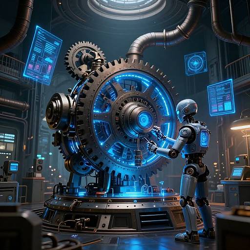 CGI image of a futuristic, robotic figure adjusting a large, glowing blue gear in a high-tech industrial control room.