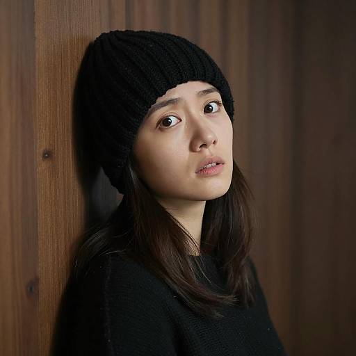 Curious Woman in Black Knitted Hat