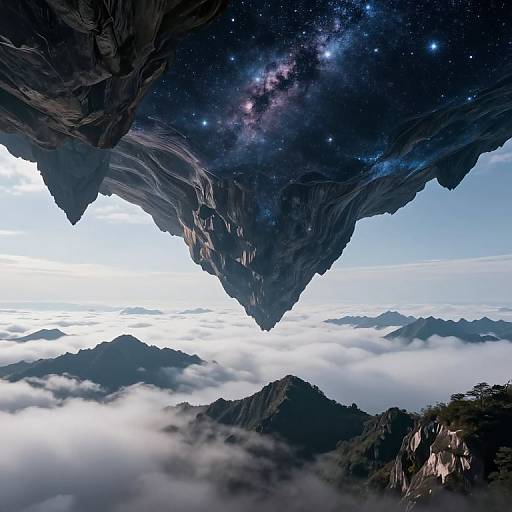 Photorealistic digital art: Rocky, starry arch frames misty mountain landscape below, with a galaxy stretching overhead, creating a celestial view.