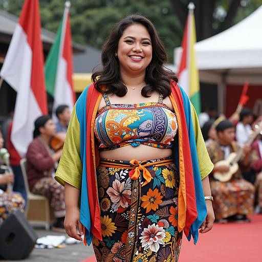 Photograph of a smiling Asian woman with long black hair, wearing a colorful floral crop top and pants, and a multicolored shawl, standing