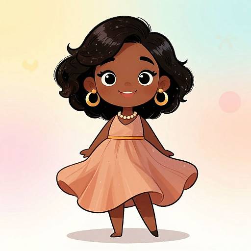 Chibi-style digital drawing of a smiling Black girl with curly hair, wearing a peach dress, gold hoop earrings, and a pearl necklace, standing against