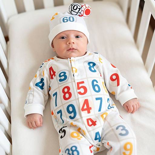 Photograph of a baby in a white onesie with colorful numbers, wearing a matching hat, lying in a white crib.