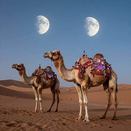 Surreal Twin Moons Desert Camels