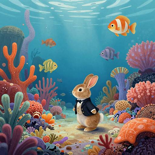 Digital illustration: Adorable rabbit in black suit standing underwater among vibrant coral reefs, colorful fish, and sunlight rays. Bright, playful scene.