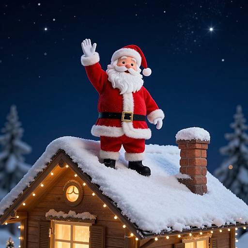 Photograph-style digital illustration of Santa Claus waving from a snow-covered wooden house rooftop at night, with twinkling stars and evergreen trees in the background
