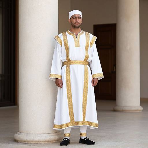 Photograph of a bearded man in white and gold traditional attire, white cap, black shoes, standing against a columned building.