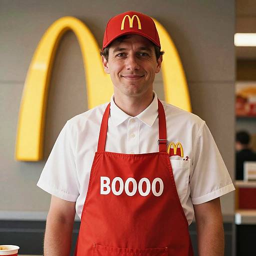 Photograph of a smiling male McDonald's employee wearing a red cap, white shirt, red apron with 