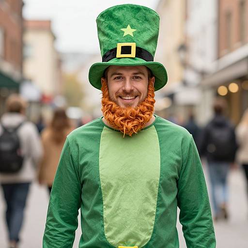 Photograph of a smiling man with a bright orange beard and green leprechaun costume, including hat with star and buckle, standing in a busy