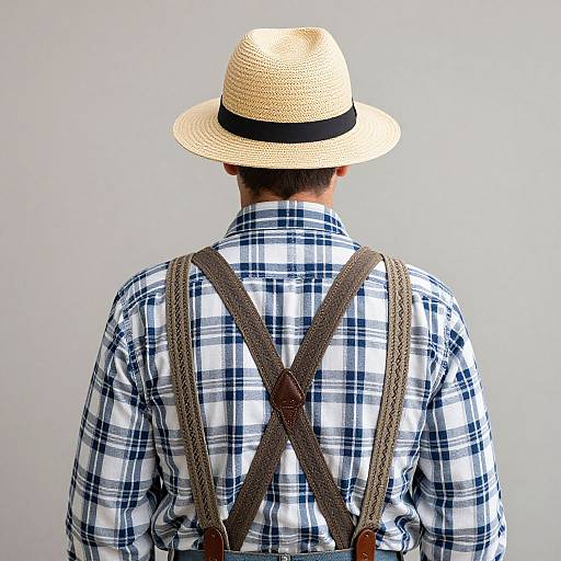 Photograph of a man from behind wearing a straw hat, blue and white plaid shirt, brown suspenders, against a plain white background.