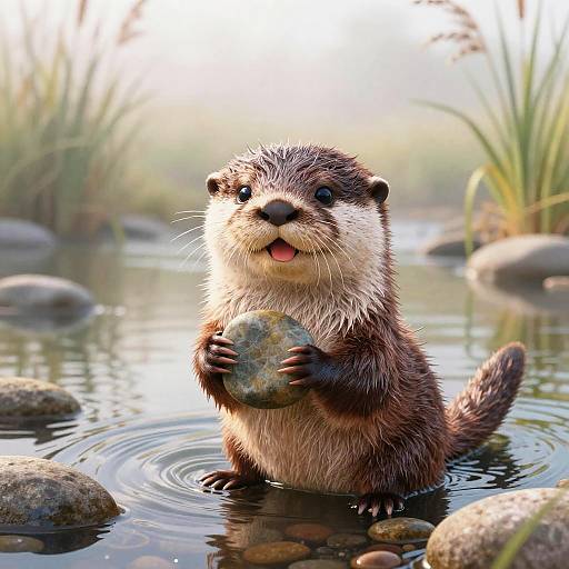 Photorealistic CGI of a cute, wet otter standing in a shallow, rocky stream, holding a stone, with blurred grassy background.