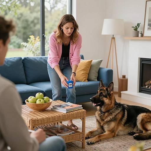 Woman Interacting with German Shepherd in Living Room
