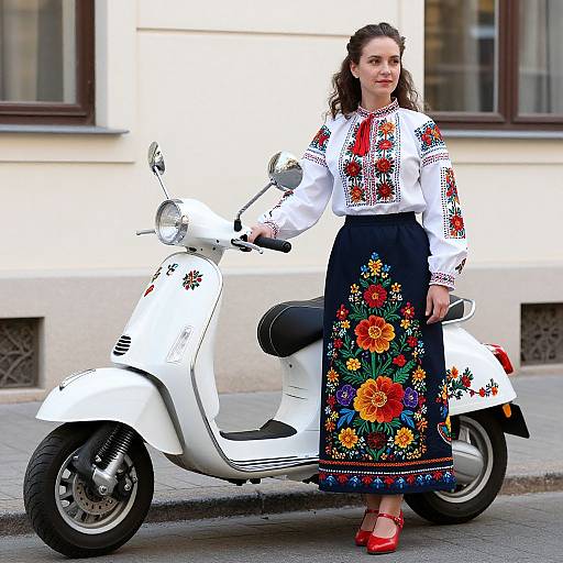 Photograph of a woman with curly brown hair, wearing a white embroidered blouse and colorful floral skirt, standing beside a white scooter with similar floral designs,