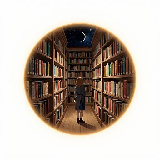 Anime-style digital drawing of a girl in a navy dress standing in a circular-view library aisle, surrounded by bookshelves, with a moonlit night