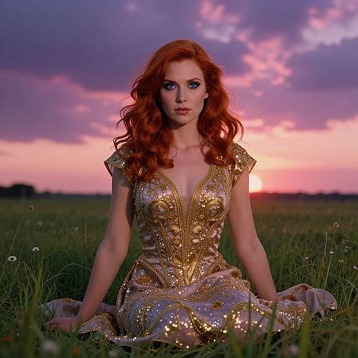 Photograph of a fair-skinned, red-haired woman with blue eyes, wearing a gold sequined dress, sitting in a grassy field at sunset