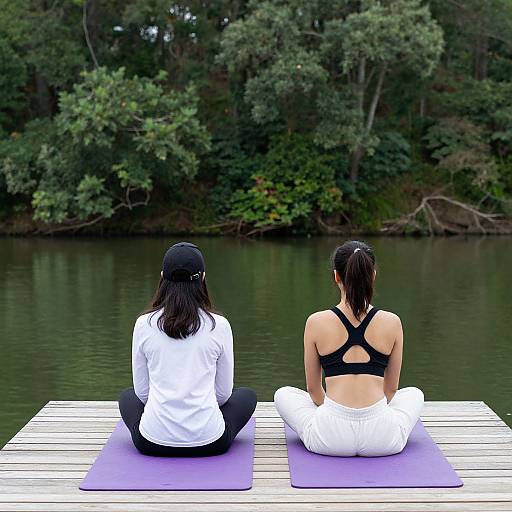 Photograph of two women, one in white shirt and black cap, the other in black sports bra and white pants, seated on purple yoga mats on
