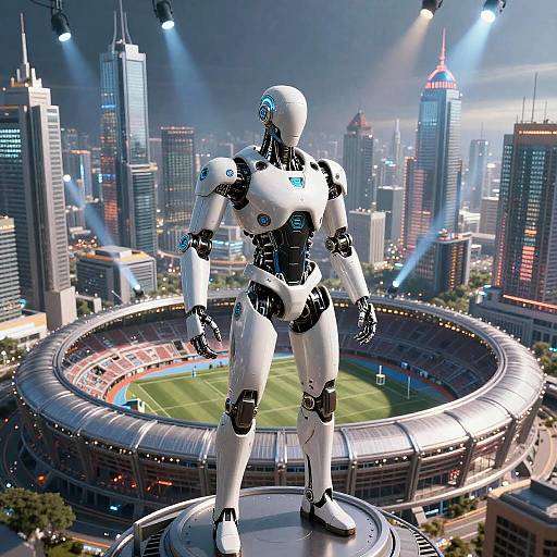 Digital artwork of a humanoid robot standing on a stadium rooftop, overlooking a futuristic cityscape with skyscrapers and illuminated stadium.