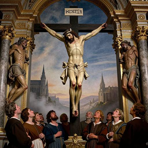 Photograph of a Baroque-style painting depicting Jesus crucified on a cross, flanked by two Roman soldiers, with onlookers below in medieval