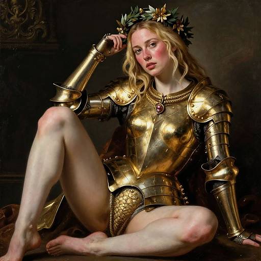 Photorealistic digital painting of a fair-skinned, blonde woman in golden armor, crowned with leaves, sitting with one leg raised, against a dark