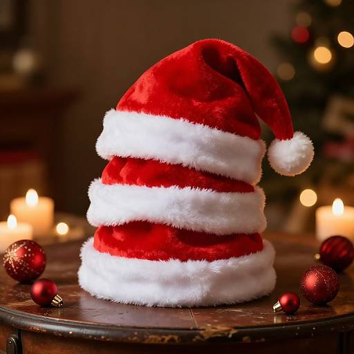 Photograph of a stacked, red and white Santa hat on a wooden table, surrounded by glowing candles and red ornaments.