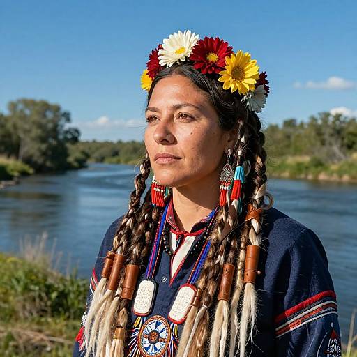 Photograph of a Native American woman with braided hair, flower crown, traditional clothing, and beaded necklace, standing by a river.