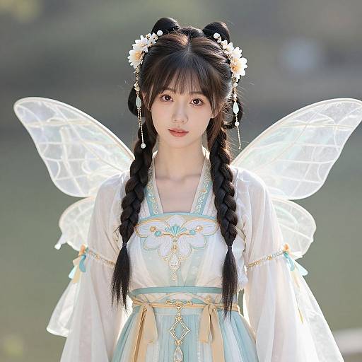 Photograph of an East Asian woman with black braided hair, wearing a white dress with blue embroidery, fairy wings, and flower headpiece, standing