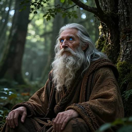 Photograph of an elderly man with a long white beard and blue eyes, wearing a brown robe, sitting in a mystical forest. Dappled sunlight
