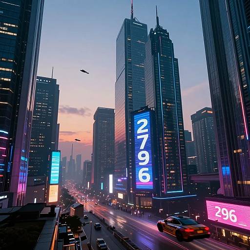 Photograph of a bustling urban cityscape at dusk, featuring towering skyscrapers with neon blue and pink signs, including 
