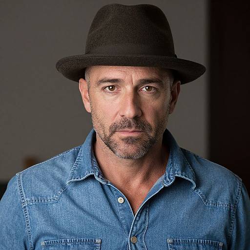 Photograph of a middle-aged man with a beard, wearing a black hat and blue denim shirt, looking directly at the camera.