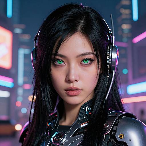 Digital artwork of an Asian woman with glowing green eyes, black hair, cybernetic headset, and metallic armor, set against a neon-lit city