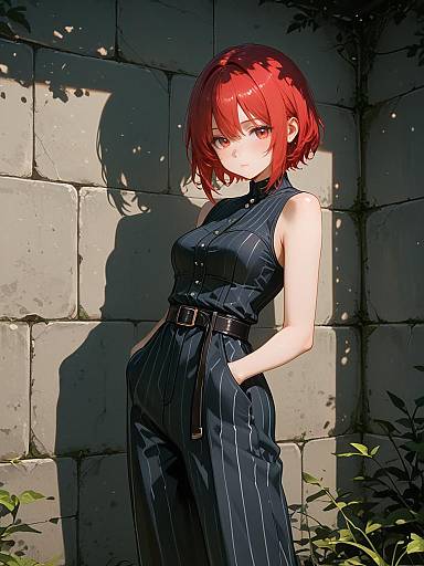 Redheaded Anime Woman in Pinstripe Jumpsuit