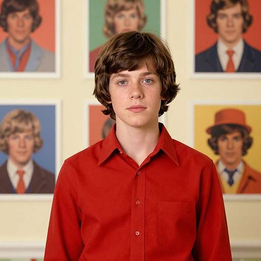 Photograph of a young man with fair skin and brown hair, wearing a red button-up shirt, standing in front of colorful, framed portraits of himself