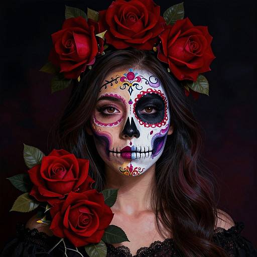 Photograph of a woman with dark hair, white face paint in Day of the Dead style, red roses in hair and around neck, black lace dress