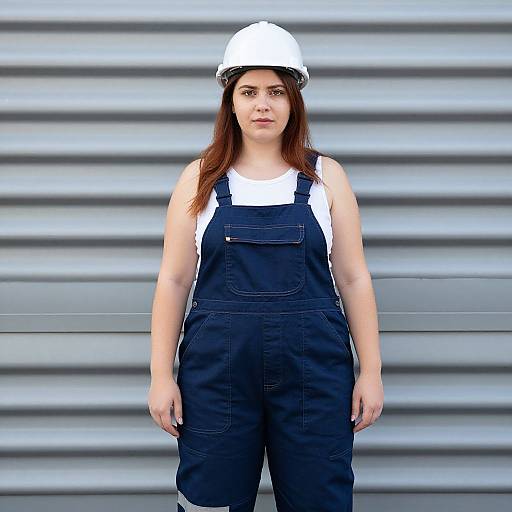 Woman in Workwear by Metal Wall