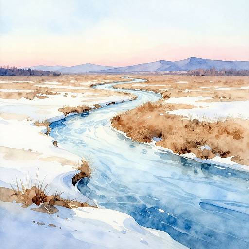 Watercolor-style painting of a winding blue river cutting through a snowy, grassy plain with brown reeds, under a pastel pink and blue sky