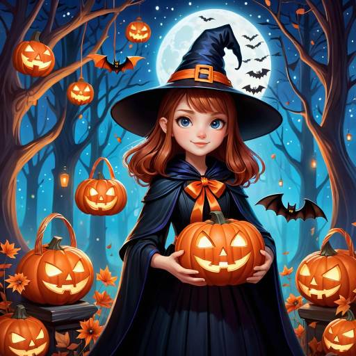 Whimsical Halloween Witch in Moonlit Forest