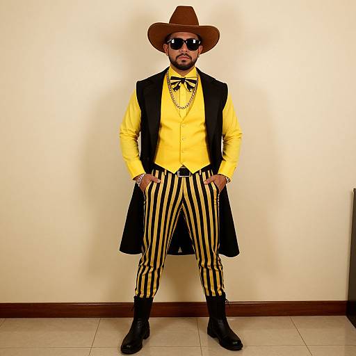 Photograph of a bearded man in a brown hat, black sunglasses, yellow shirt, black vest, yellow and black striped pants, black boots,