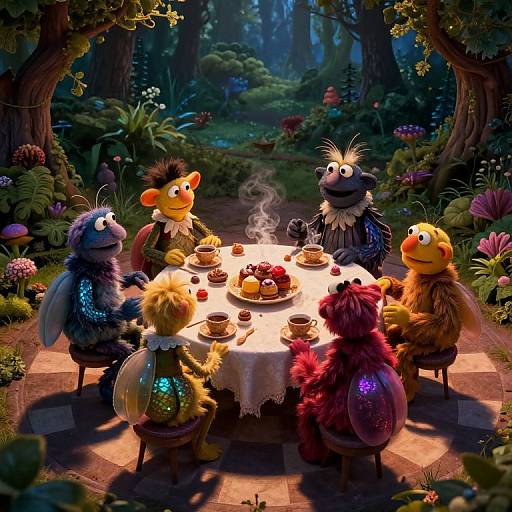 Photograph of colorful, furry puppet characters having a tea party around a glowing table in a lush, enchanted forest.
