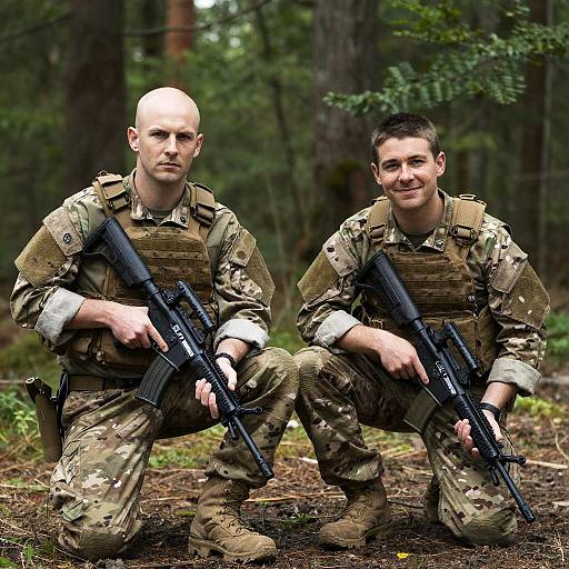 Crouching Soldiers in Dense Forest