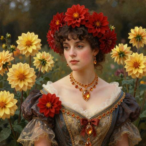 Photorealistic painting of a fair-skinned woman with curly brown hair, adorned in a red flower crown, yellow dahlia dress, and gold